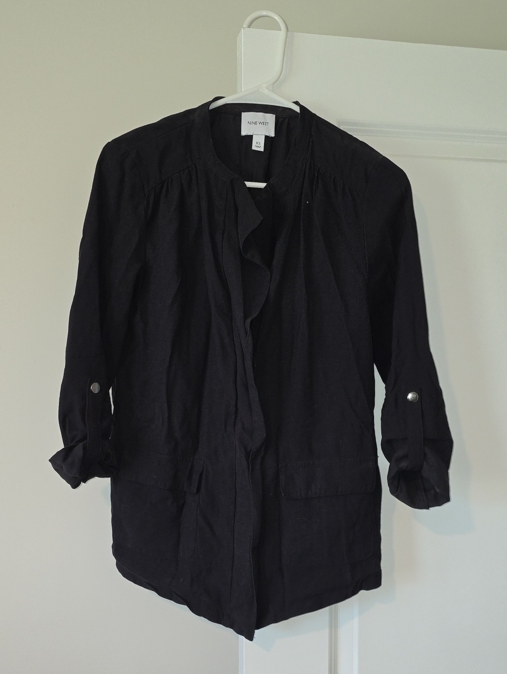 Nine West Black Roll-Tab Utility Jacket with Patch Pockets